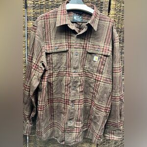 Carhartt-Tan/Red Button‎ Down Flannel Plaid Shirt- XLarge, Washed